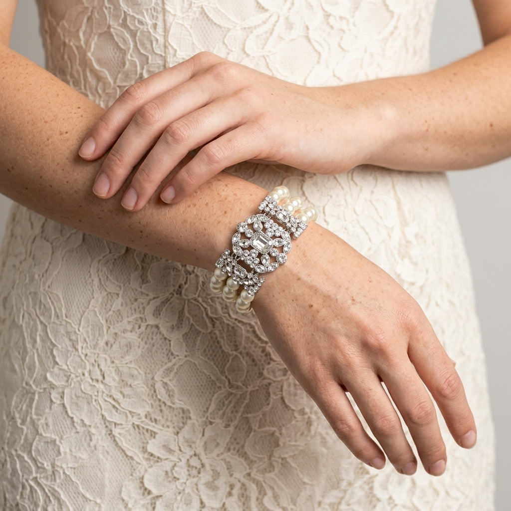 Close-up of a hand wearing a decorative faux pearl and clear crystal bracelet on a lace garment.