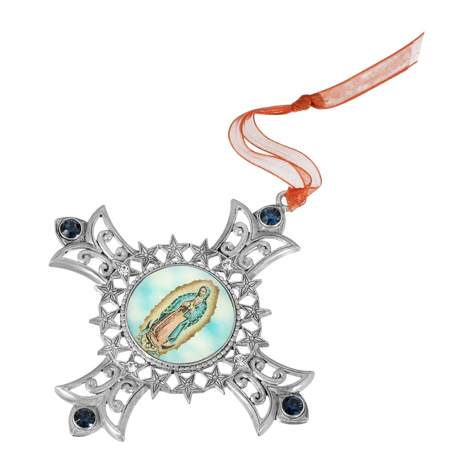Symbols of Faith Cross & Our Lady Of Guadalupe Decal Blue European Crystal Christmas Tree Ornament
