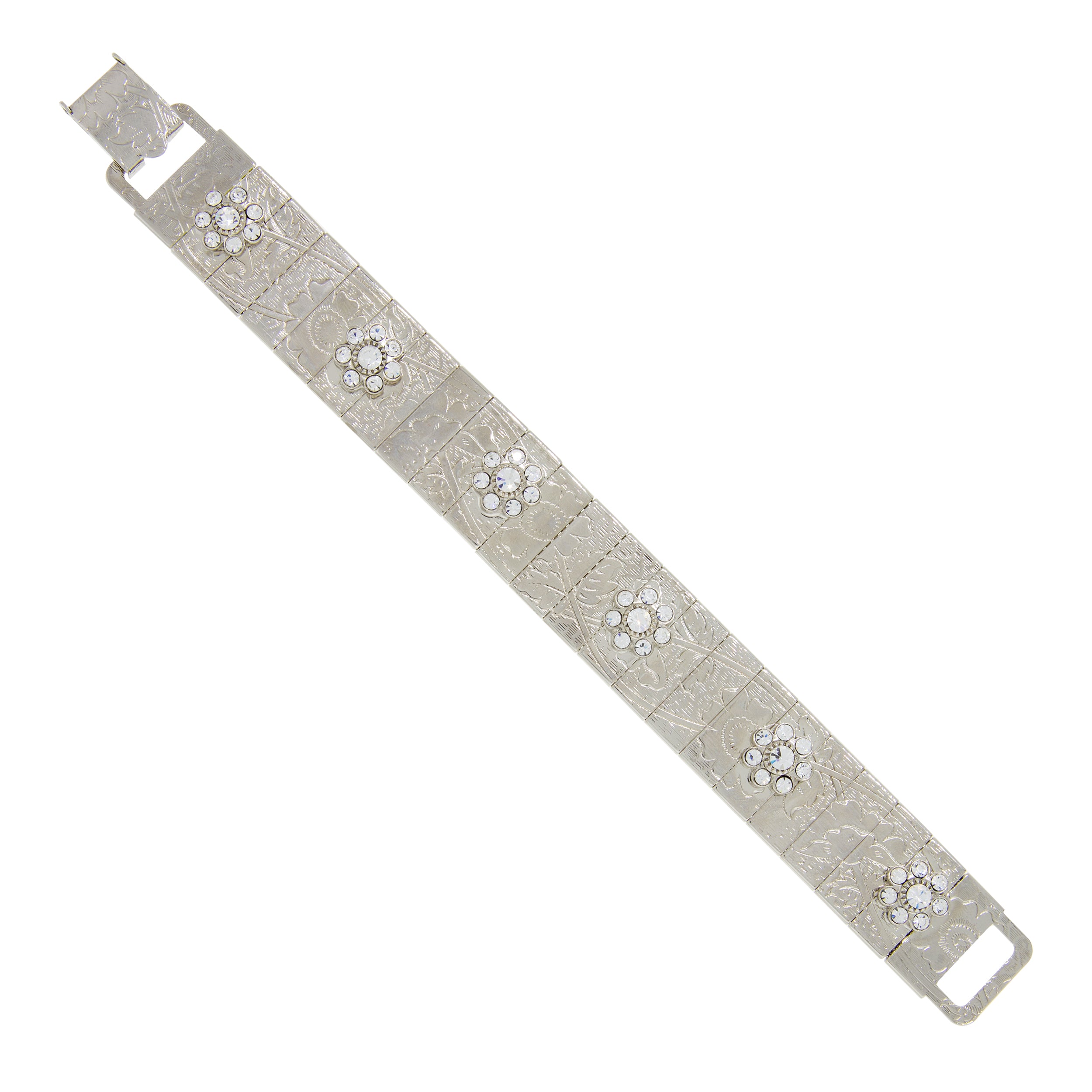 Silver Etched Floral Clear Crystal Link Bracelet