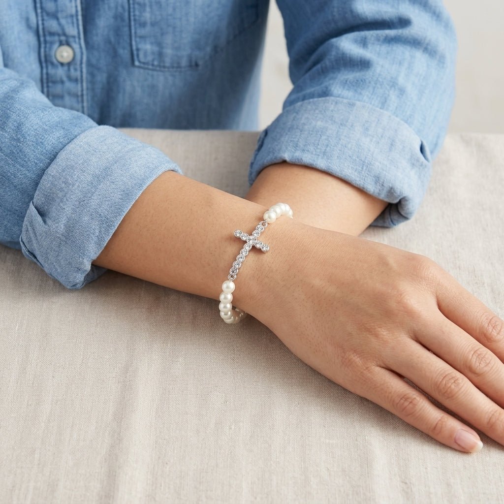 Woman in a denim outfit wearing a white faux pearl bracelet with a crystal accented cross design