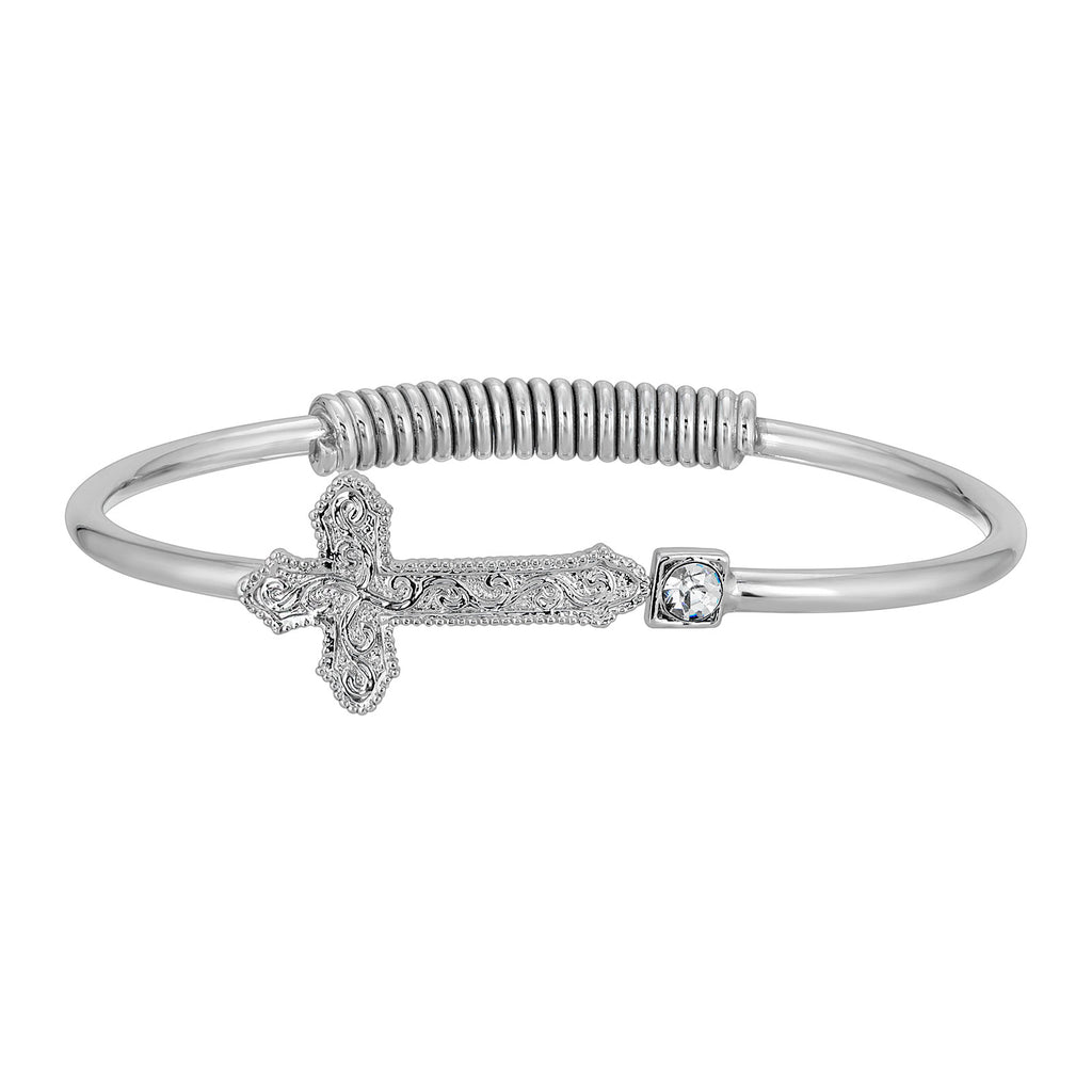 Vine Cross Round Crystal Hinge Bangle Bracelet