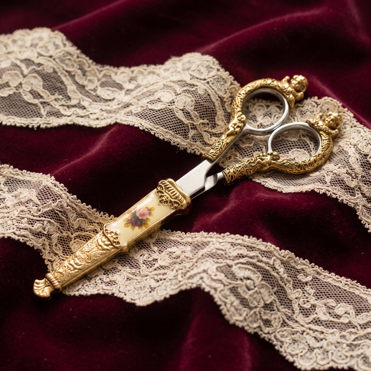 Manor House Pink And Multicolor Flower Decal Cherub Scissors resting on a deep burgundy velvet fabric with cream lace.