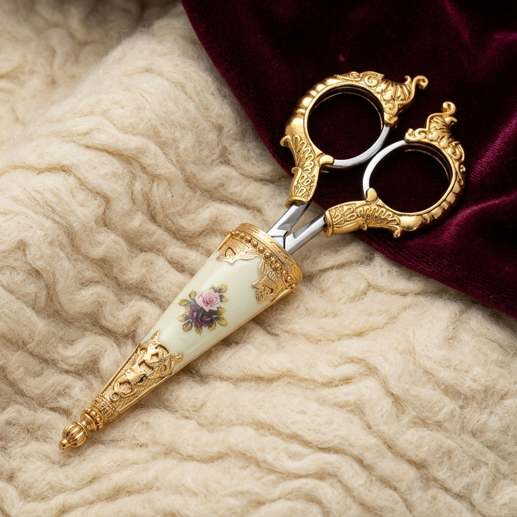 Gold tone scissors with a floral design resting on cream and red colored cloth