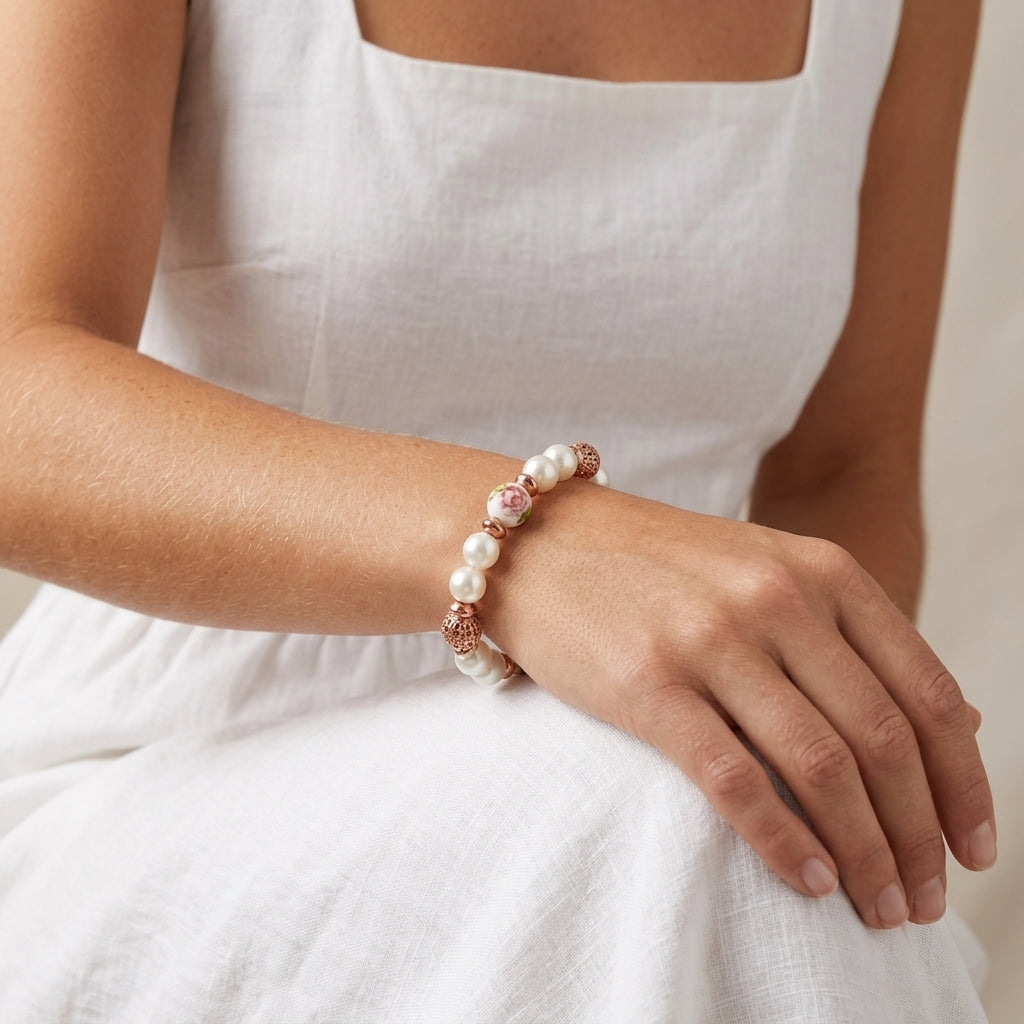 Woman in a white dress wearing a Rose Faux Pearl Purple Flower Filigree Beaded Stretch Bracelet