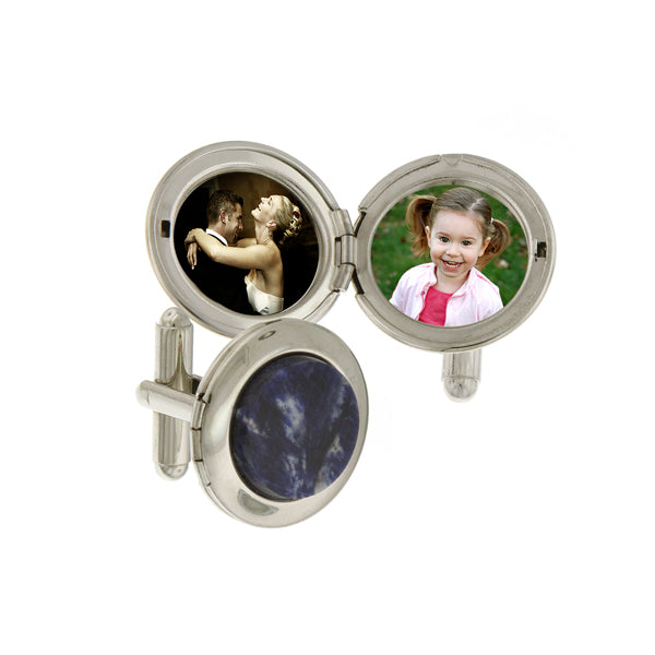Silver Semi-Precious Blue Sodalite Round Locket Cufflinks