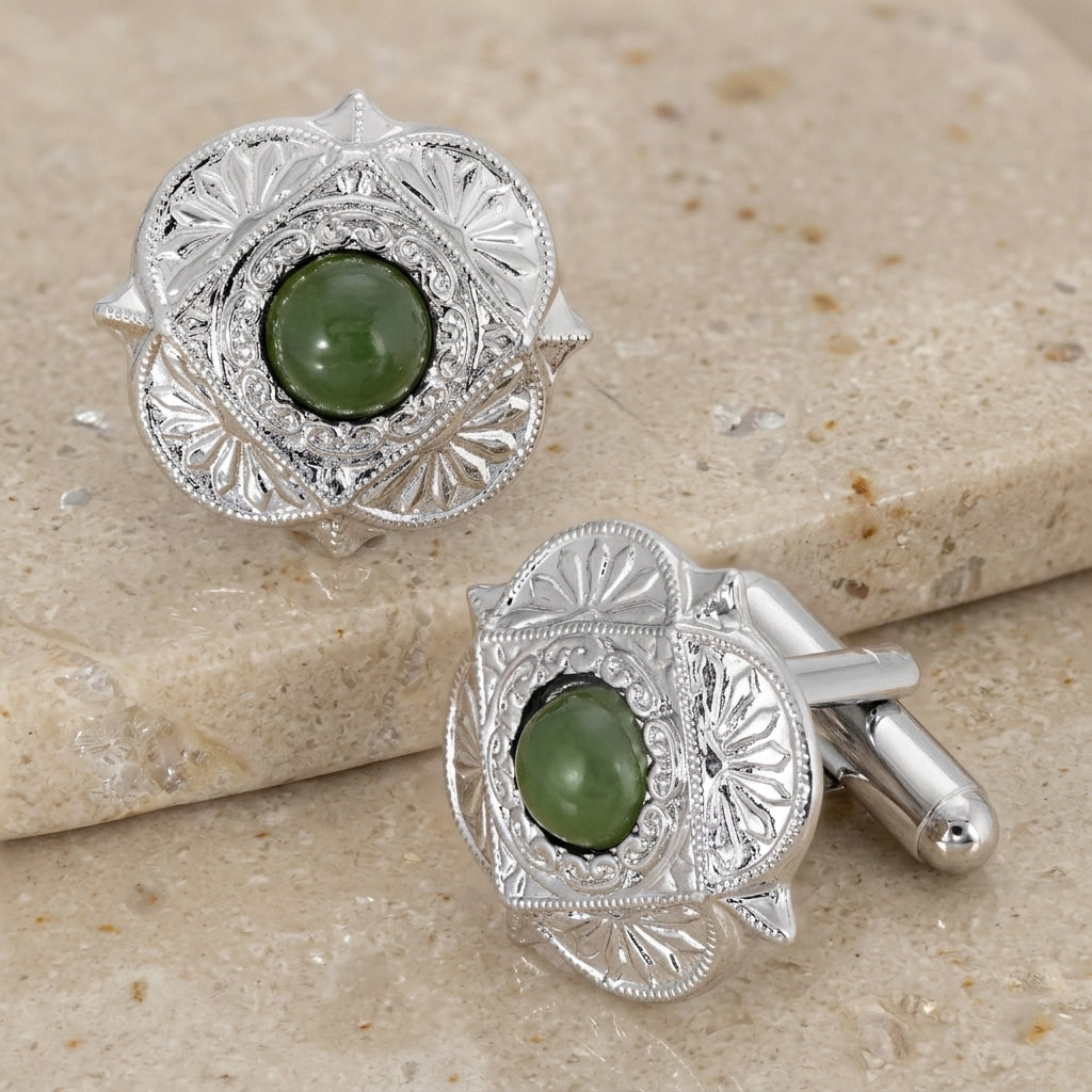 Round Green Jade Gemstone Cufflinks on a stone surface