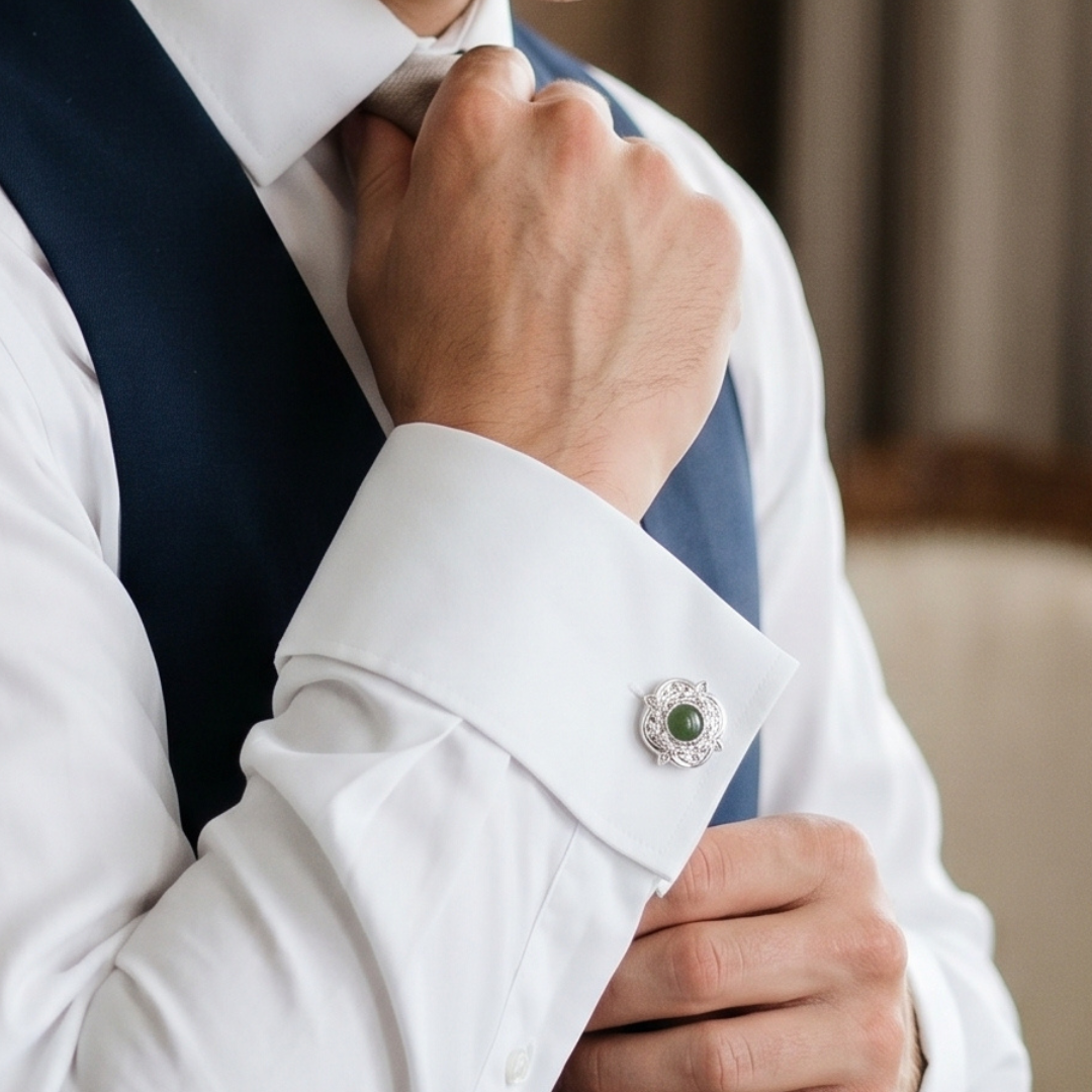 Close-up of a person adjusting their Round Green Jade Gemstone Cufflinks