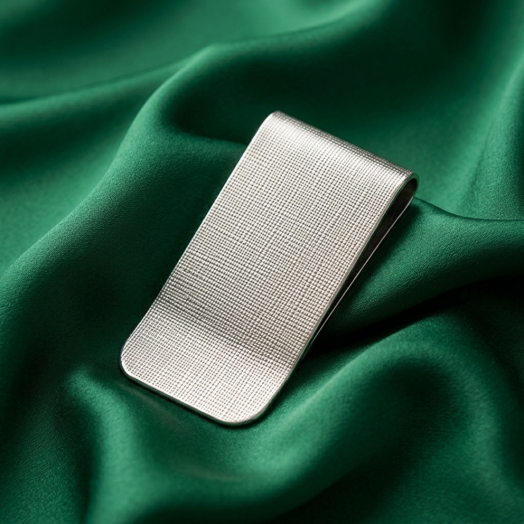 Silver money clip resting on dark green satin fabric