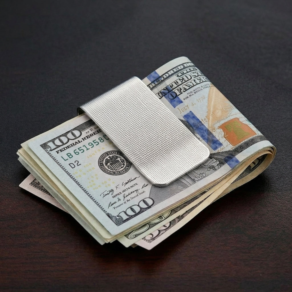 Silver money clip clamps down on US dollar bills on a desk.