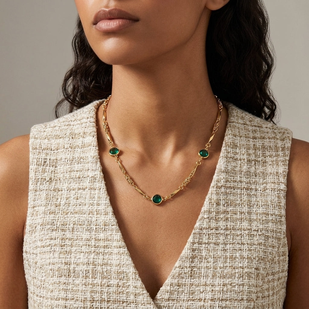 Woman wearing a gold tone Green Austrian Channel Crystal Fancy Necklace with a beige top 