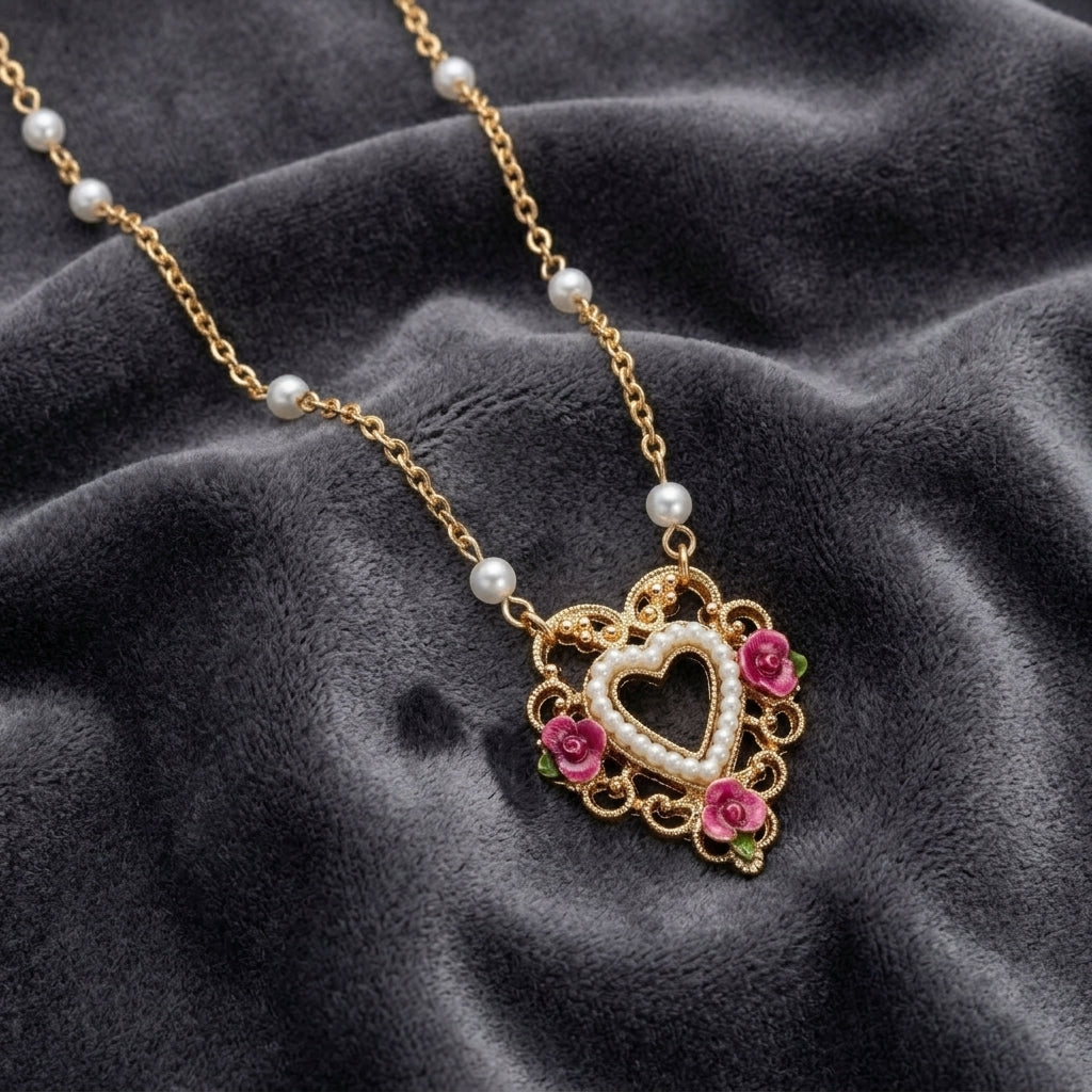 Pink Enamel Flower Faux Pearl Rimed Open Heart Pendant Necklace on a dark fabric background
