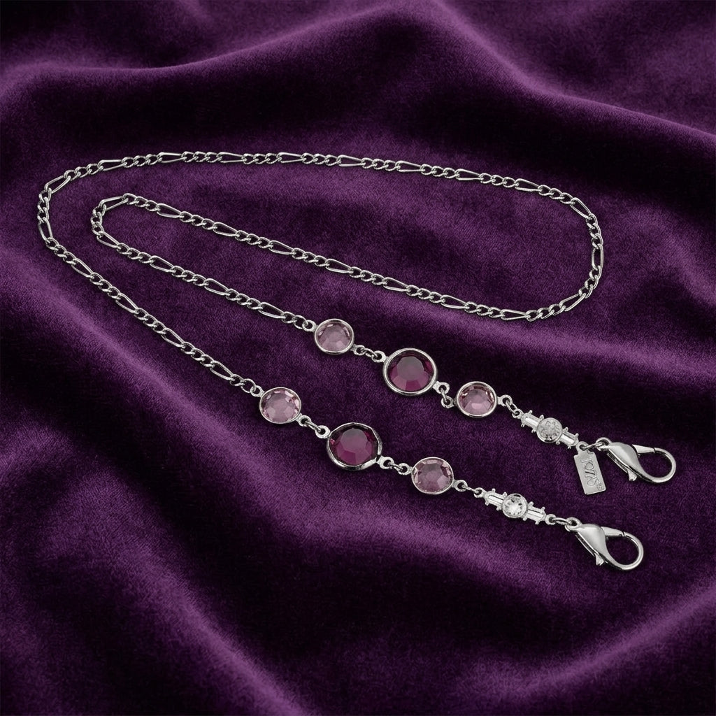 Austrian Crystal Channel Face Mask Figaro Chain Holder on purple fabric