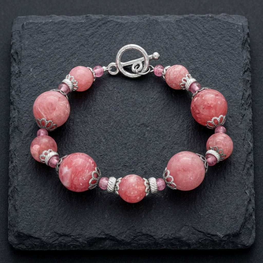 Roseate Paradise Oval Coral Quartz Stone & Pink Crystals Toggle Bracelet on black stone