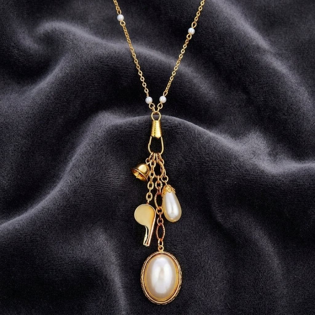 Elegant gold tone Faux Pearl Locket With Whistle Bell Charm Necklace on dark fabric