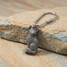 Silver tone Crystal Eyes Cat Carabiner Key Chain on a stone surface