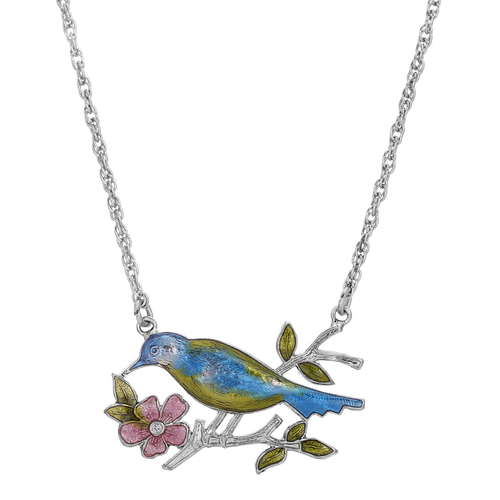 Enameled Perched Bird Pendant Necklace 18"