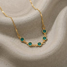 Emerald Green European Crystal Channel Necklace on a textured beige surface