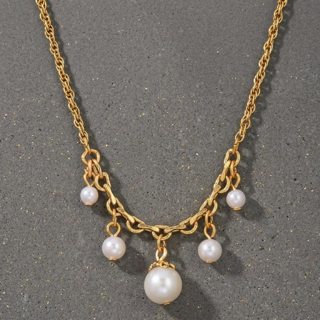 Gold tone Cinque White Faux Pearl Drop Necklace on cement surface