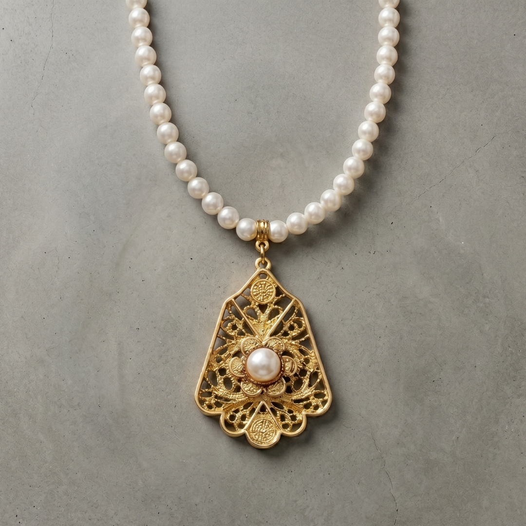 Filigree Shield 6mm Faux Pearl Strand Pendant Necklace on a smooth cement surface