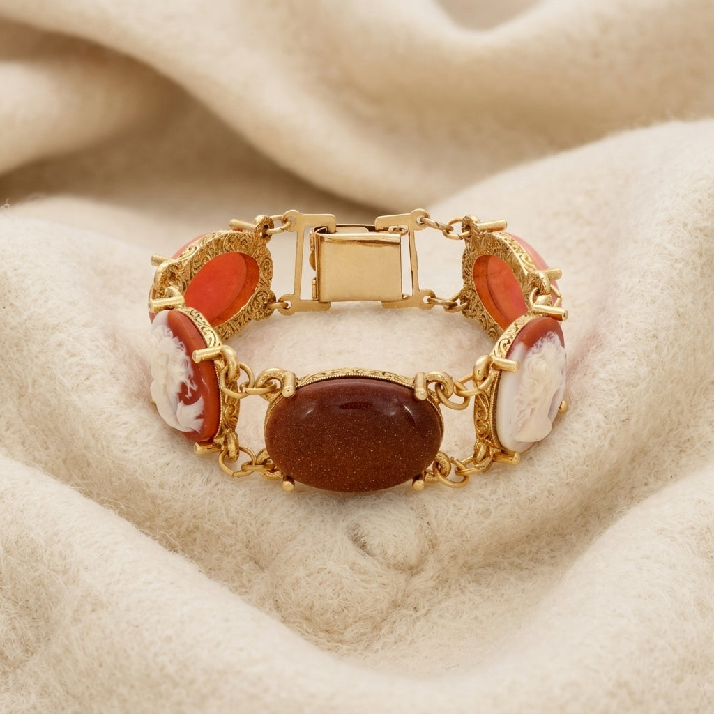 Gold tone Oval Cameo & Goldstone Gemstone Link Bracelet on white fabric