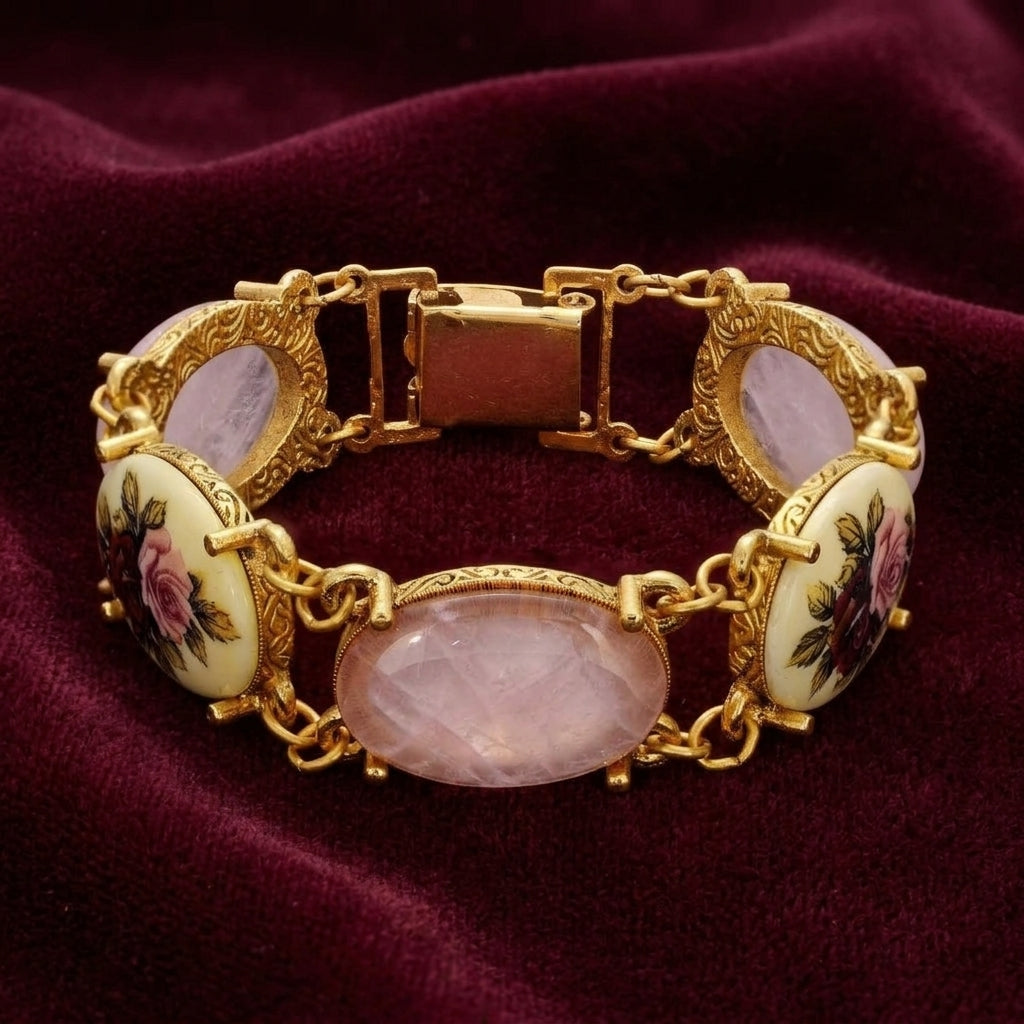 Gold tone Manor House Pink & Purple Floral Stone Rose Quartz Gemstone Link Bracelet resting on dark red fabric 