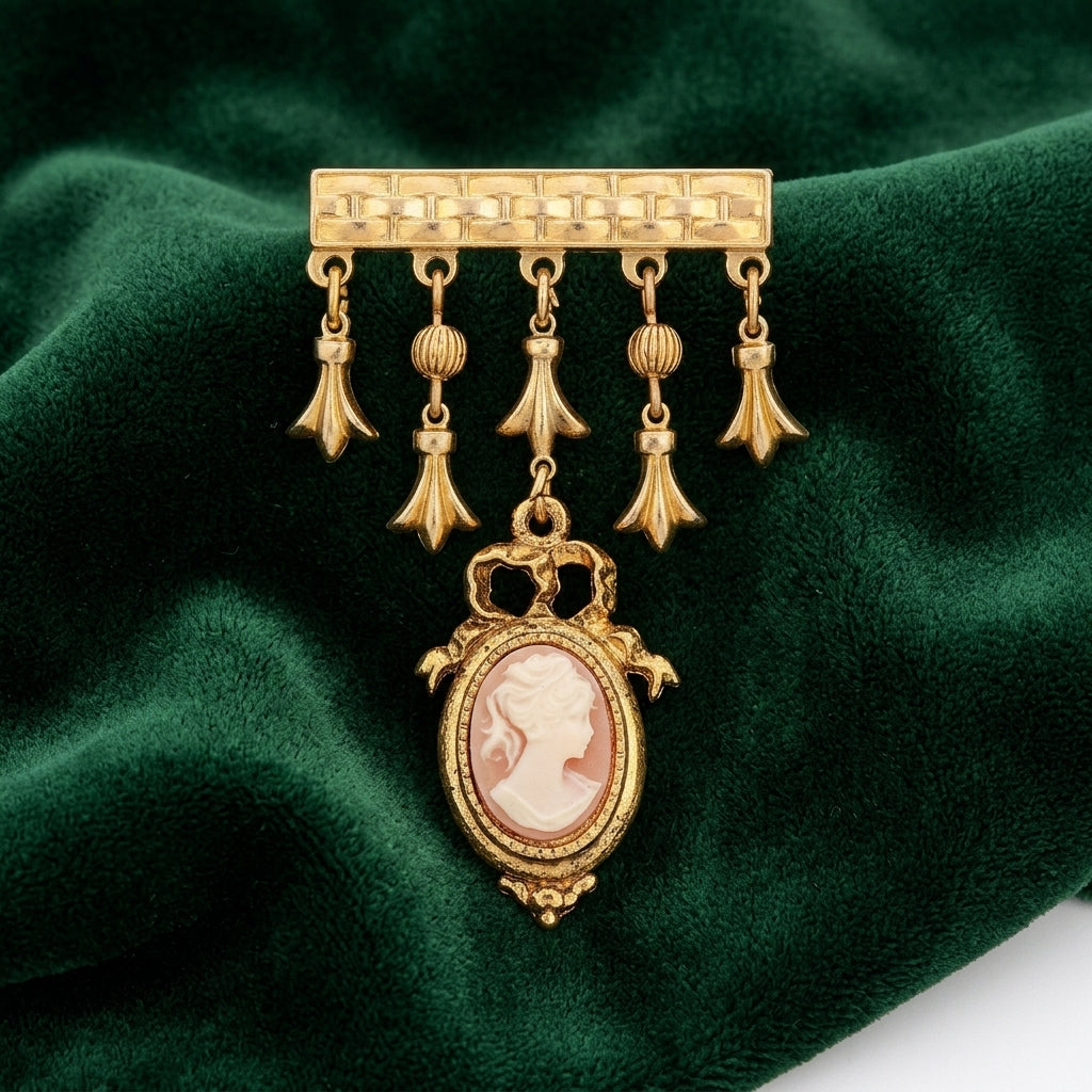 Gold tone brooch with a pink and white cameo on a green fabric background