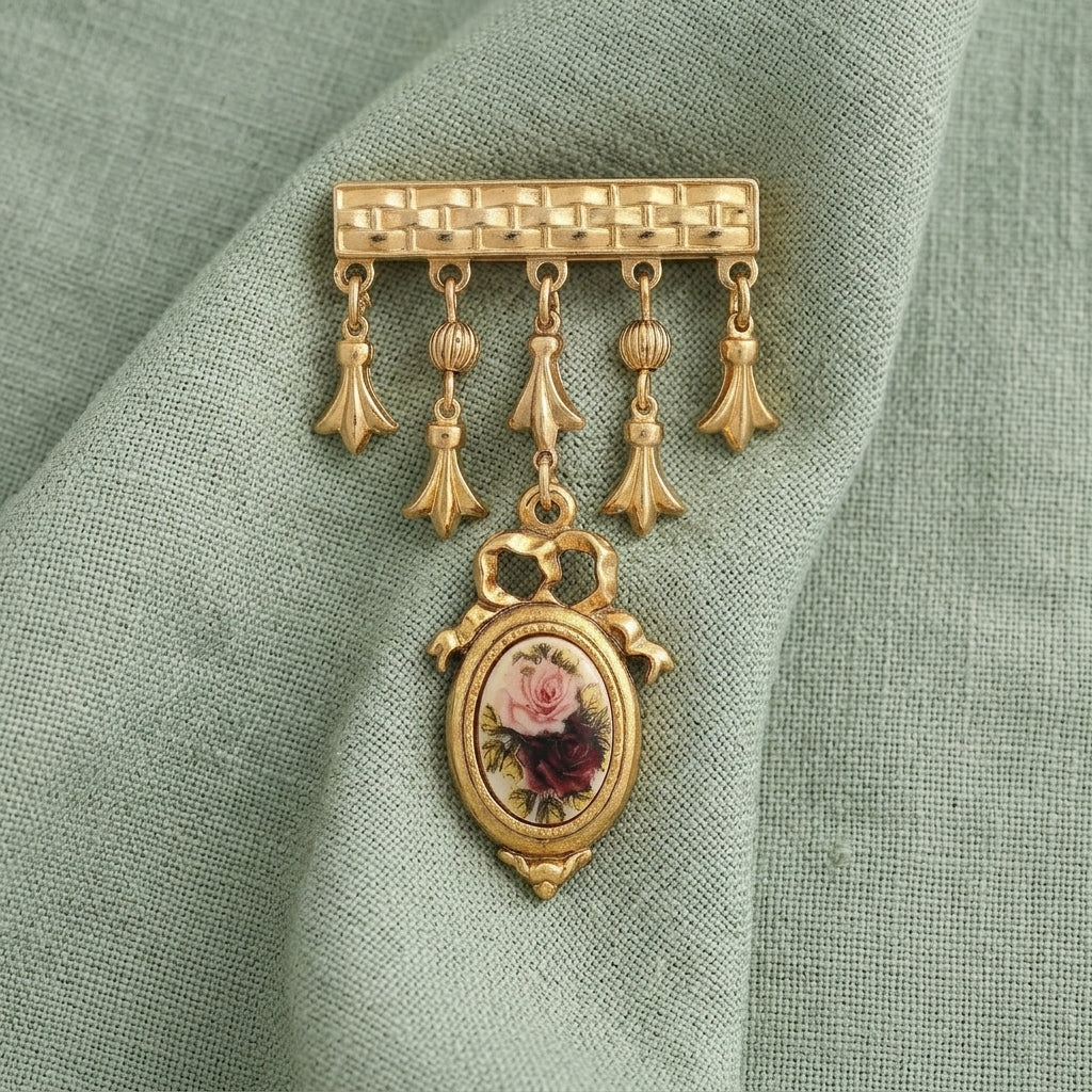 Gold tone Manor House Royal Rose & Charms Bar Pin on light green linen