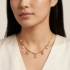 Close-up of a woman wearing a gold tone "MOM" initialed necklace with white faux pearl accents on a neutral background
