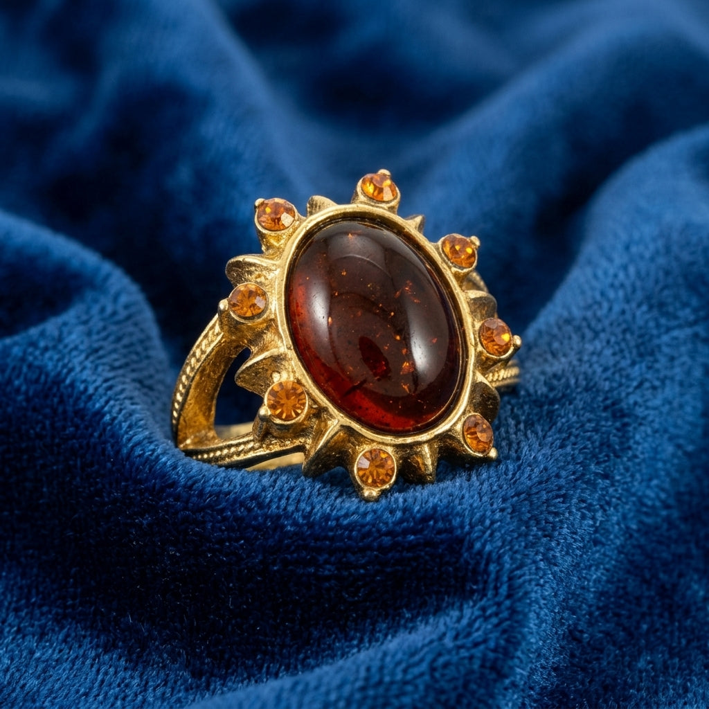 Sunburst Oval Smoke Topaz Glass Stone Crystal Ring on a blue fabric background