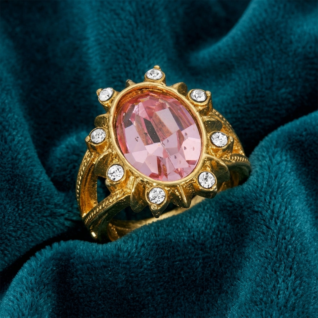 Gold tone Sunburst Oval Light Pink Austrian Crystal Ring on a teal fabric background
