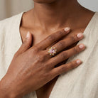 Hand wearing a gold tone Sunburst Oval Light Pink Austrian Crystal Ring