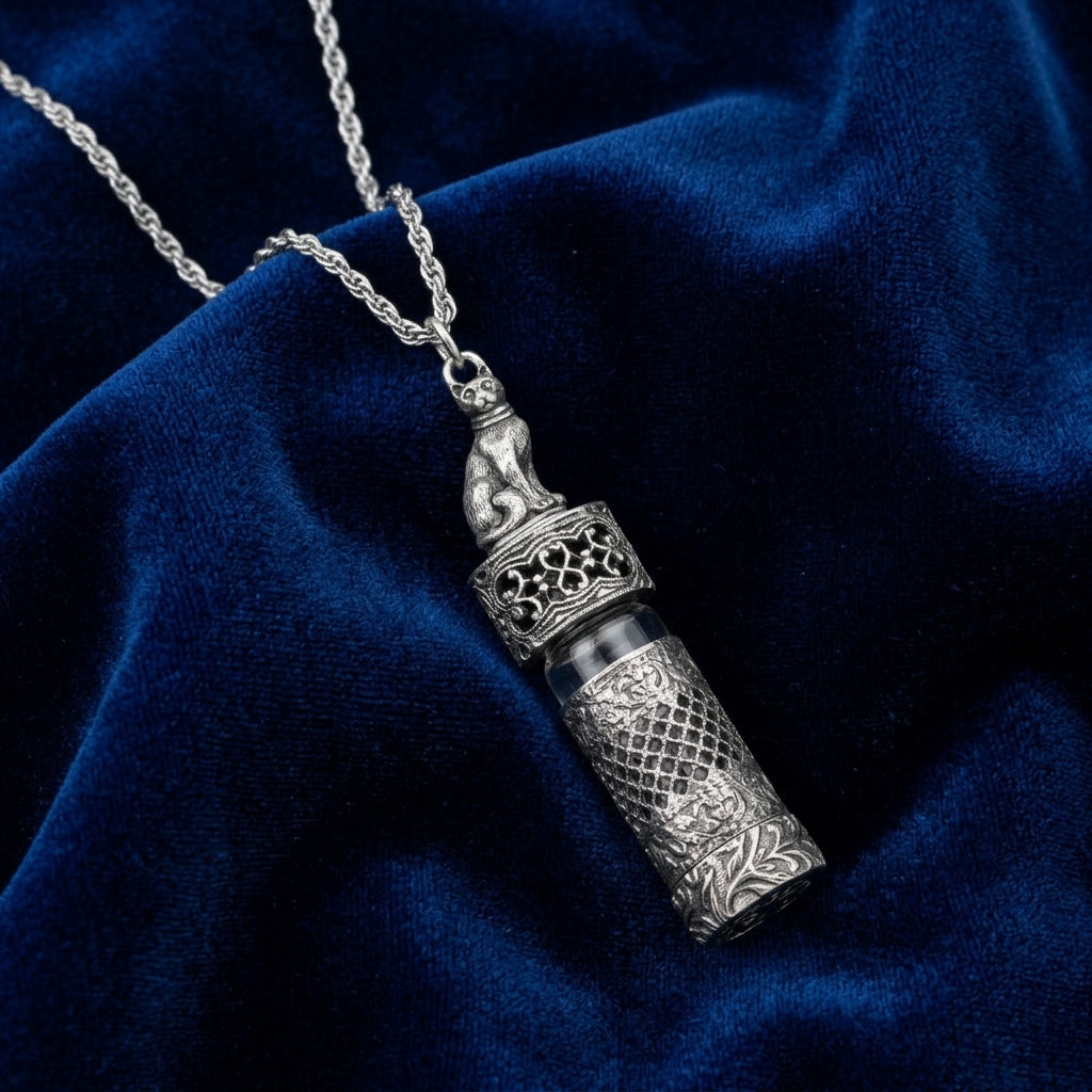 Pewter Cat Filigree Screw Cap Vial Necklace For Hand Sanitizer 30