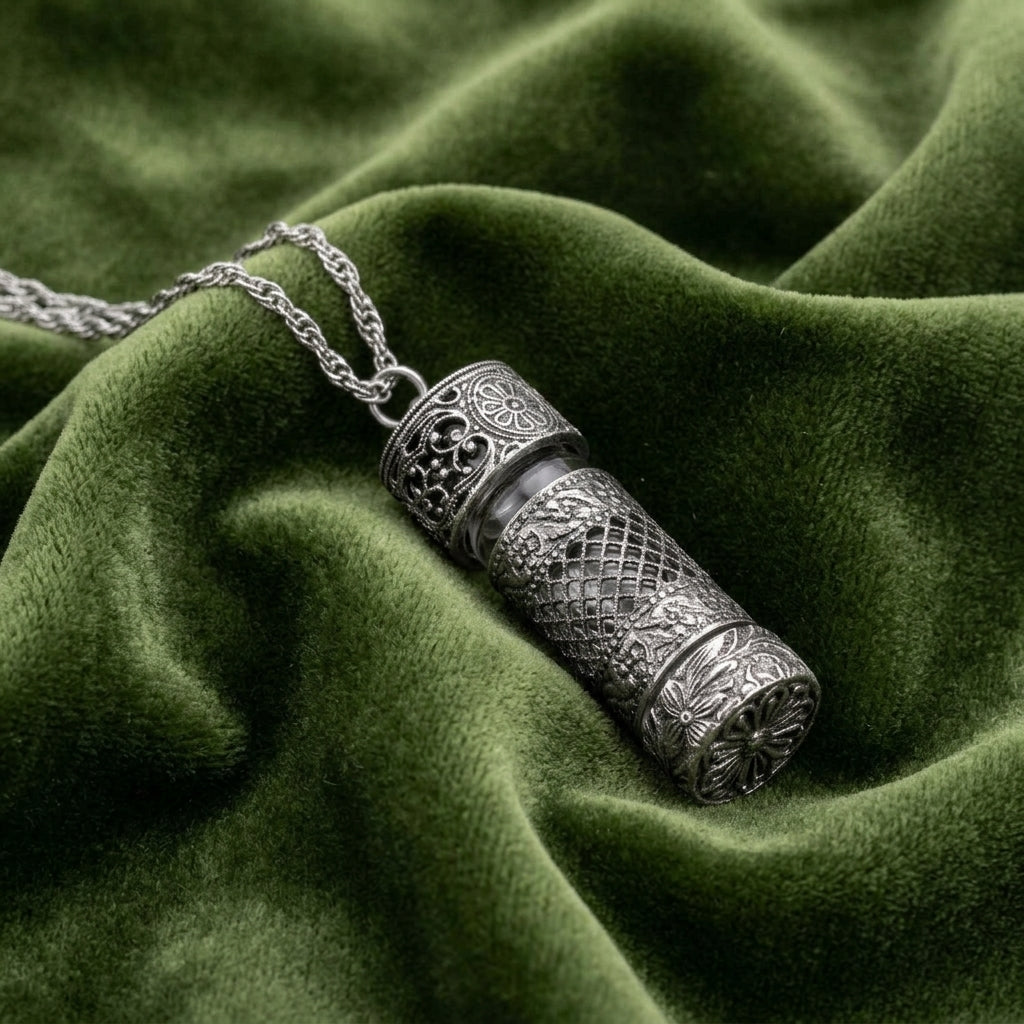 Etched Pewter Floral Glass Vial Necklace  lying on green fabric