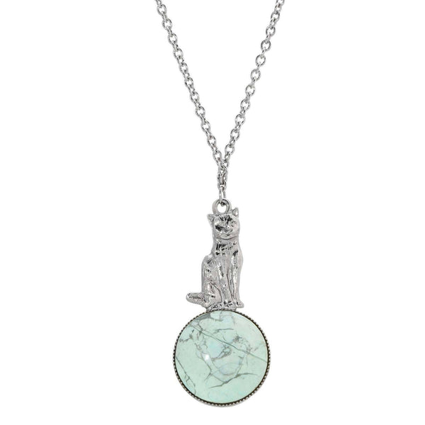 Sitting Cat On Round Gemstone Pendant Necklace 28"