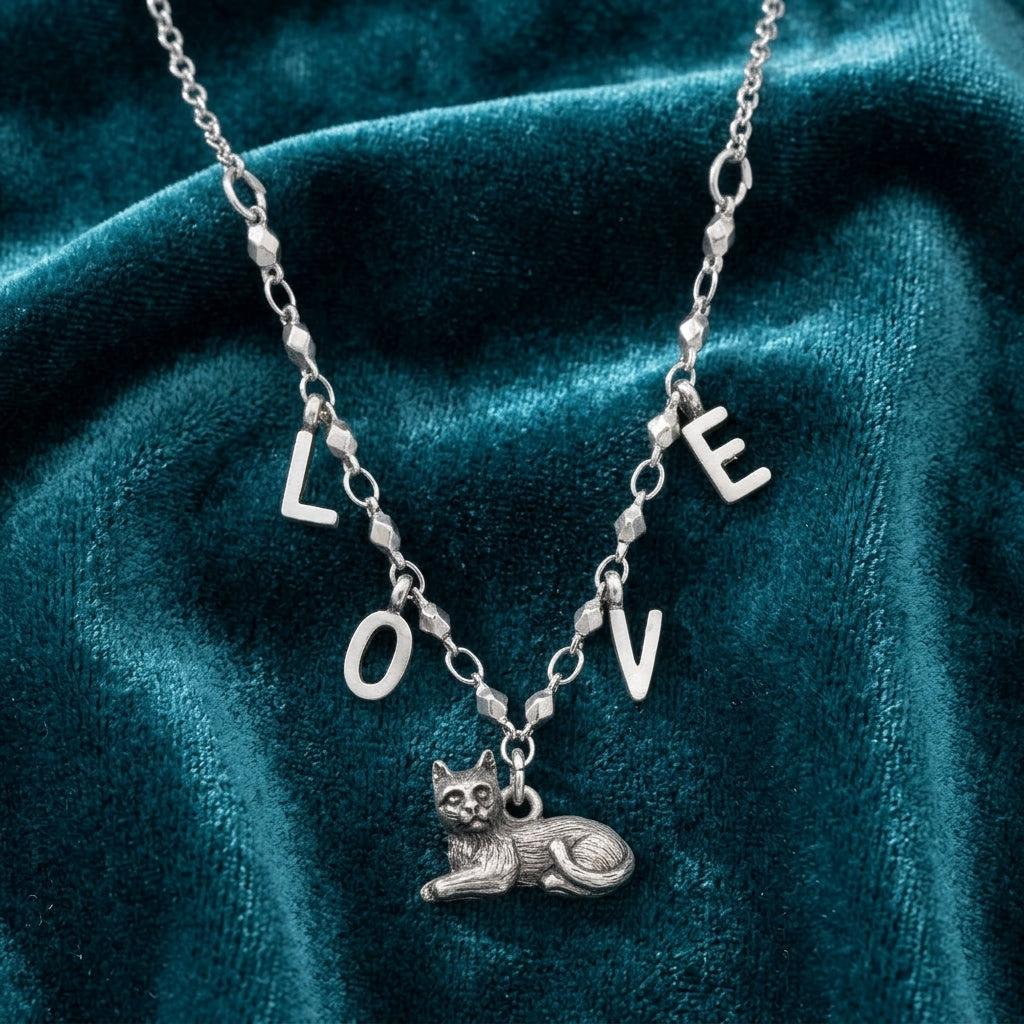 LOVE Antiqued Cat Pendant Necklace on a teal fabric background