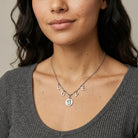 Woman wearing a Petite Horse Head Pendant LOVE Initials Necklace