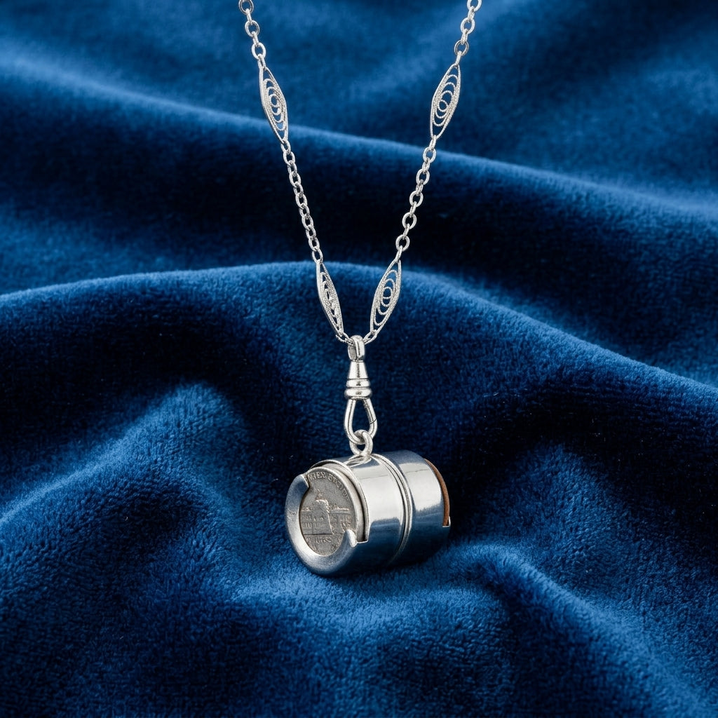 Vintage Spring Loaded Nickel Coin Holder Dispenser Pendant Necklace on a blue fabric background