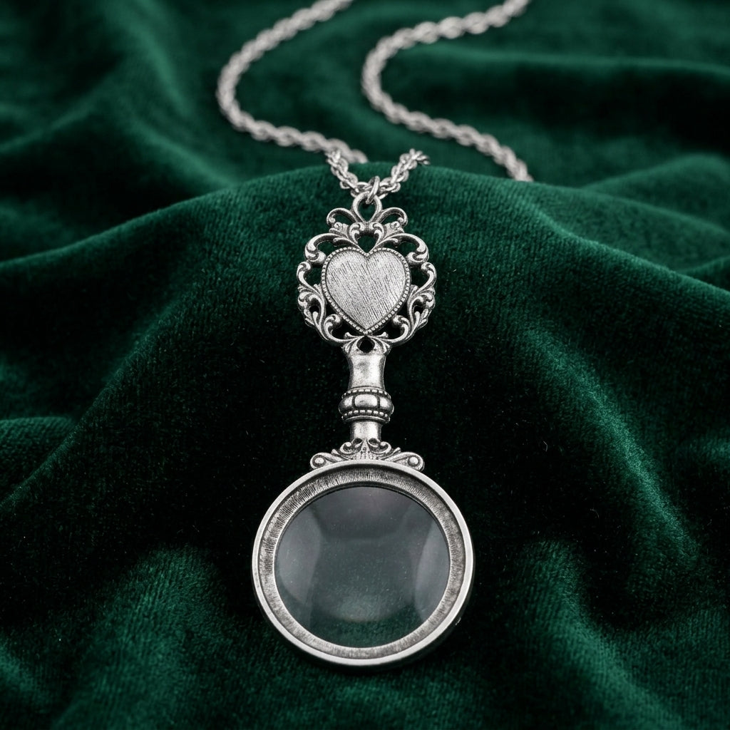 Silver Filigree Heart And Round Magnifying Glass Pendant Necklace on a green fabric background