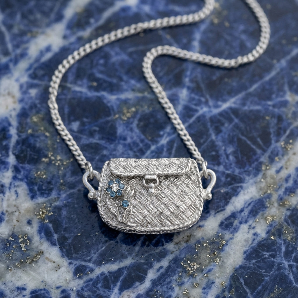 Montana Blue Crystal Flower Purse Locket Necklace against a blue marble background
