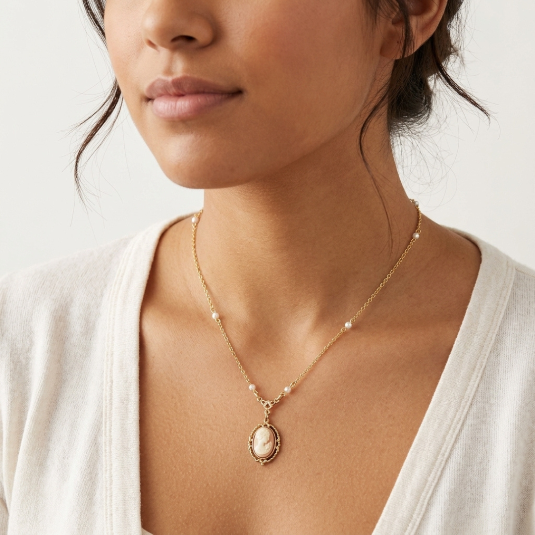 Woman wearing a gold necklace with a cameo pendant on a neutral background