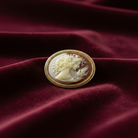 Gold and white cameo brooch on a red velvet background