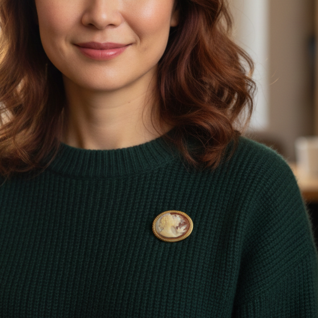 Woman wearing a dark green sweater with a brooch, blurred background