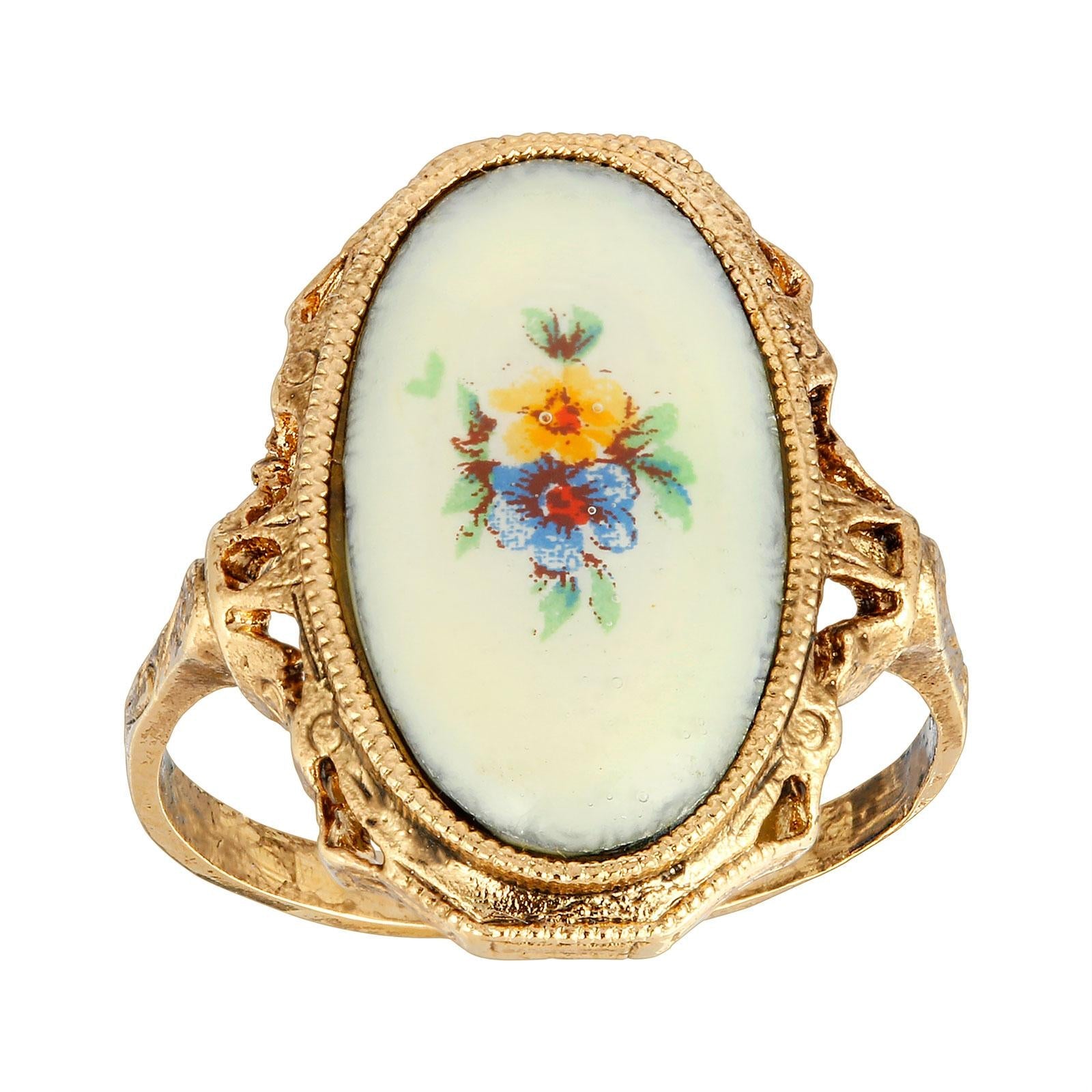 1928 Jewelry Ivory Enamel Blue & Yellow Flower Ring