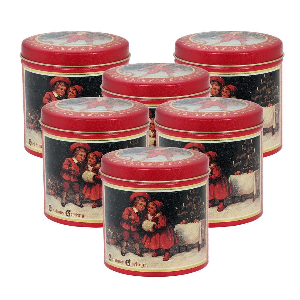 1928 Jewelry Classic Christmas Carolers Distressed Red Round Holiday Tin Box Can Set (Pack Of 6)