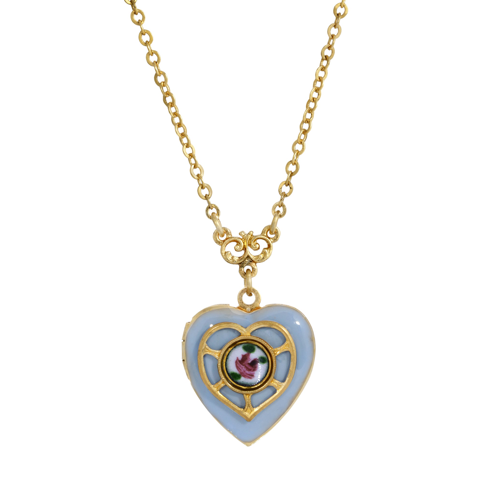 Artisan Blue Heart Picture Locket Pink Rose Necklace 16" + 3" Extender
