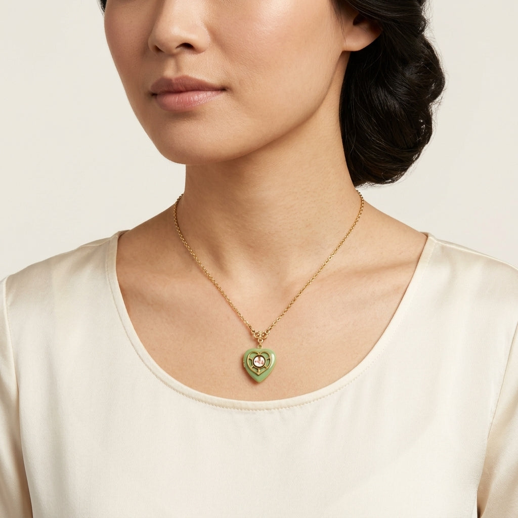 Woman wearing a Green and Gold Tone Artisan Heart Picture Locket Pink Rose Necklace