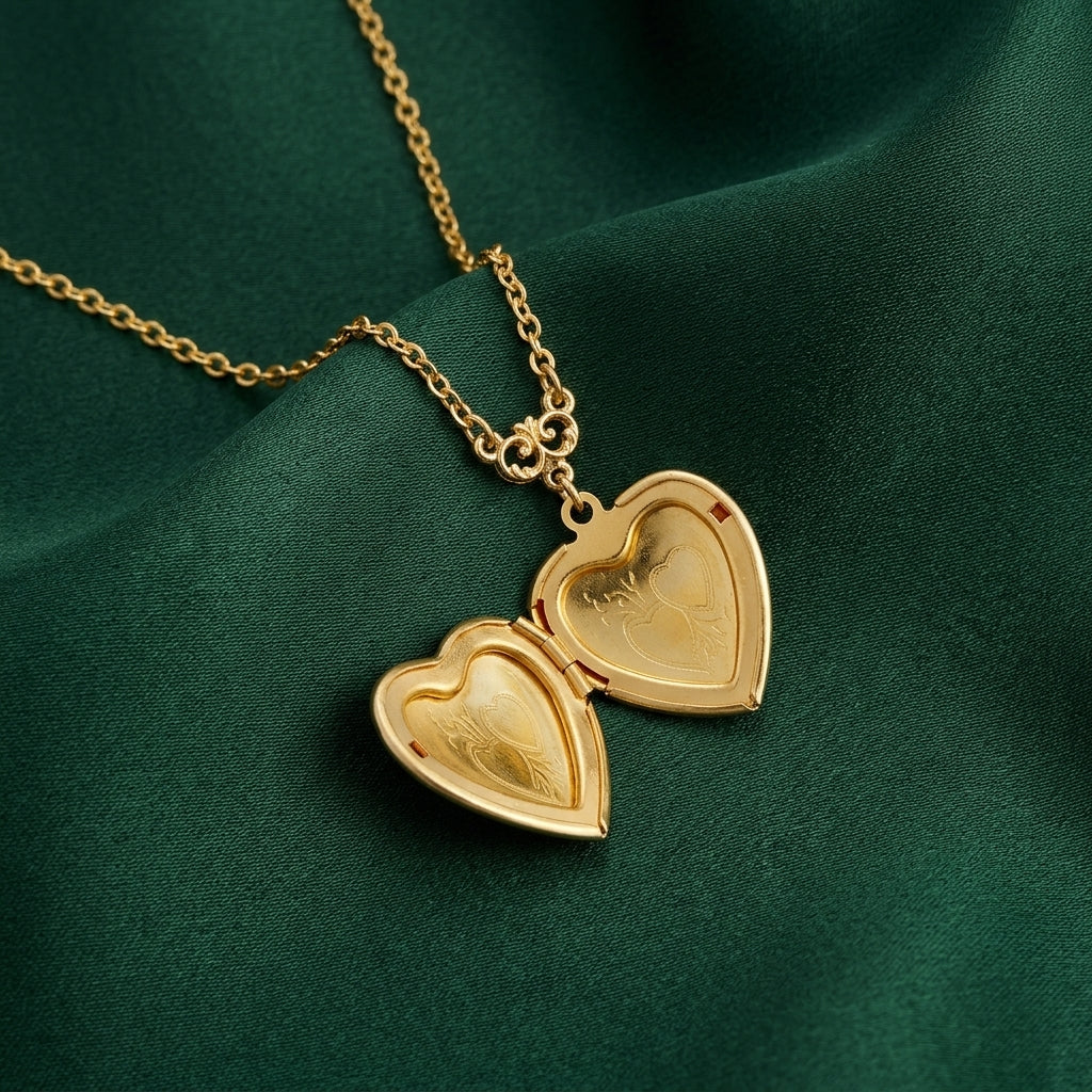 Opened Green and Gold Tone Artisan Heart Picture Locket Pink Rose Necklace on dark green fabric