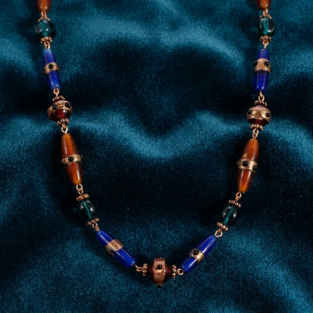 Bohemian Multi Color Beaded Necklace ib dark blue fabric