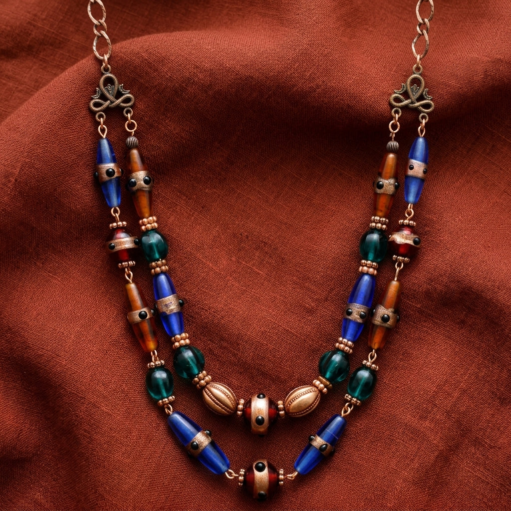 Bohemian Multi Color Double Stranded Necklace on a dark red and orange fabric