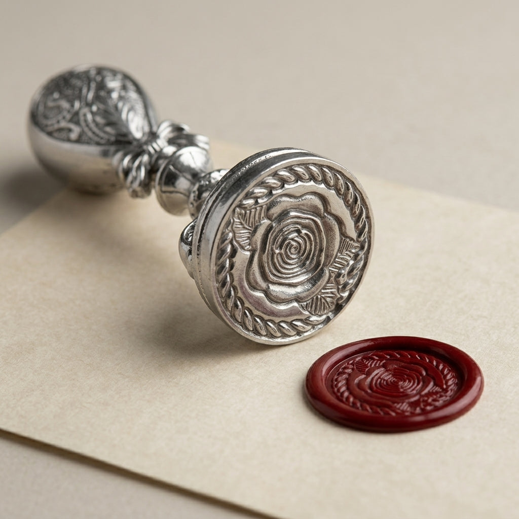 Silver tone rose wax seal stamp with red wax seal on a beige background